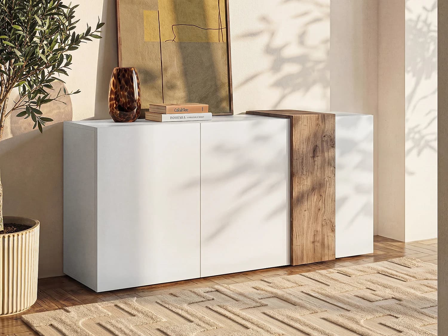 Buffet avec 3 portes - Blanc et naturel clair - CAYNO