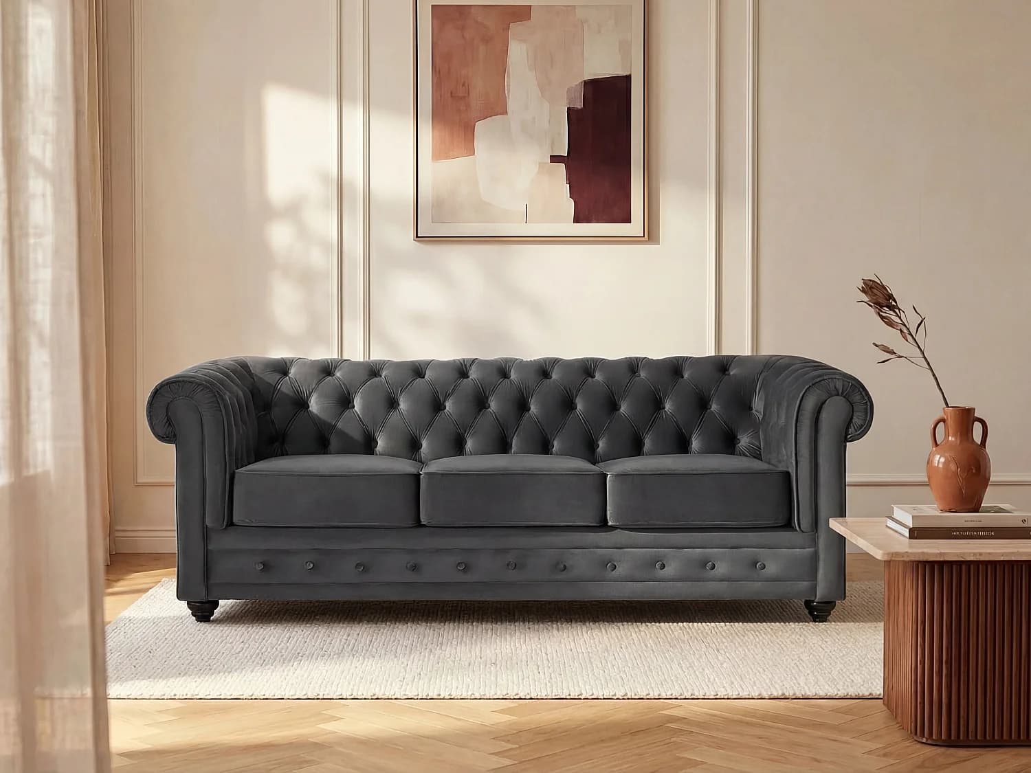 Canapé 3 places CHESTERFIELD - Velours anthracite