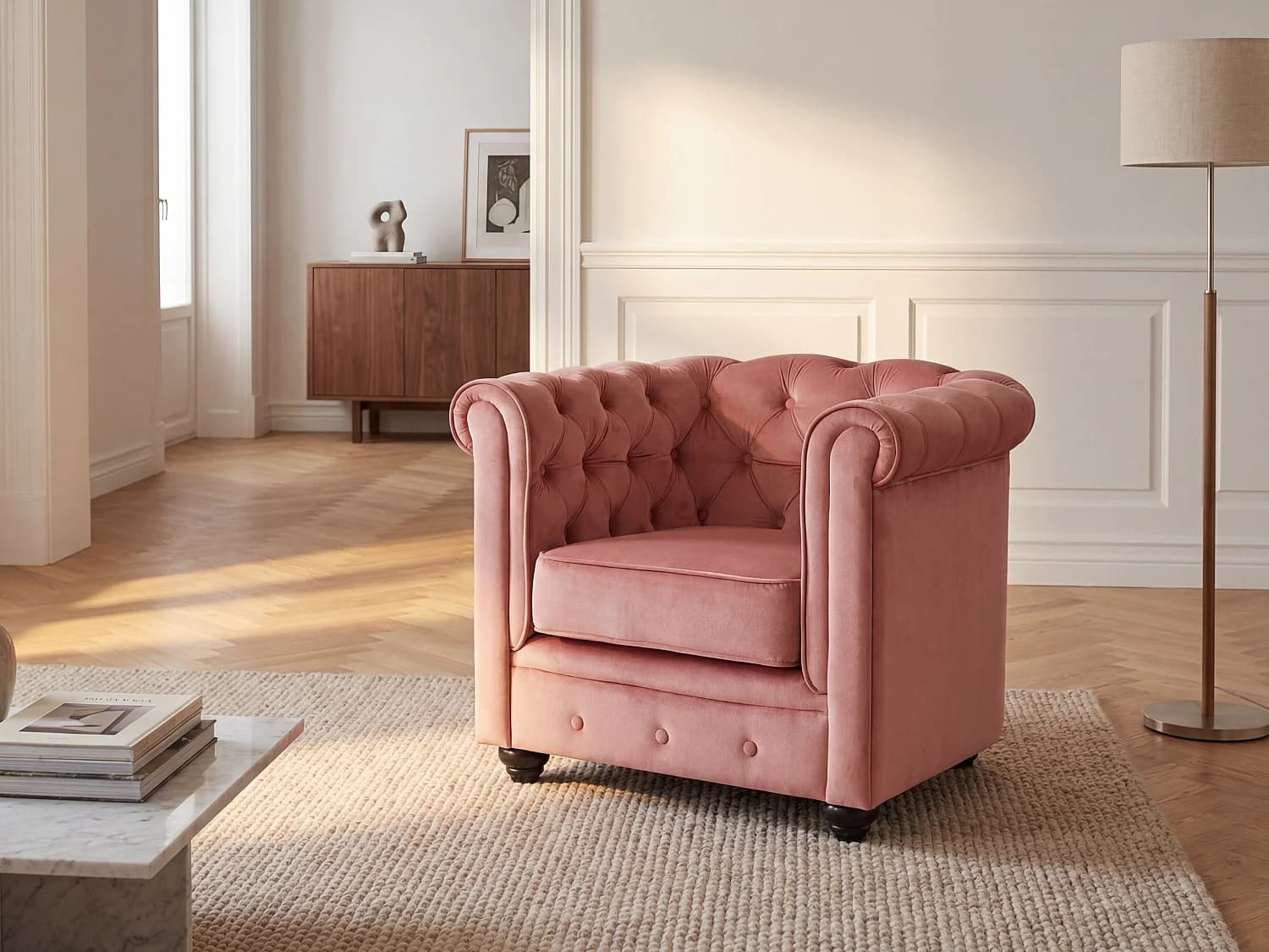 Fauteuil CHESTERFIELD - Velours rose pastel