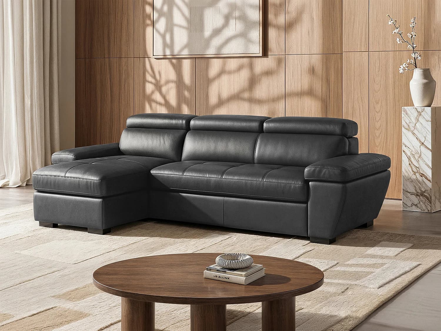 Canapé d'angle gauche convertible en cuir gris anthracite JONOVA