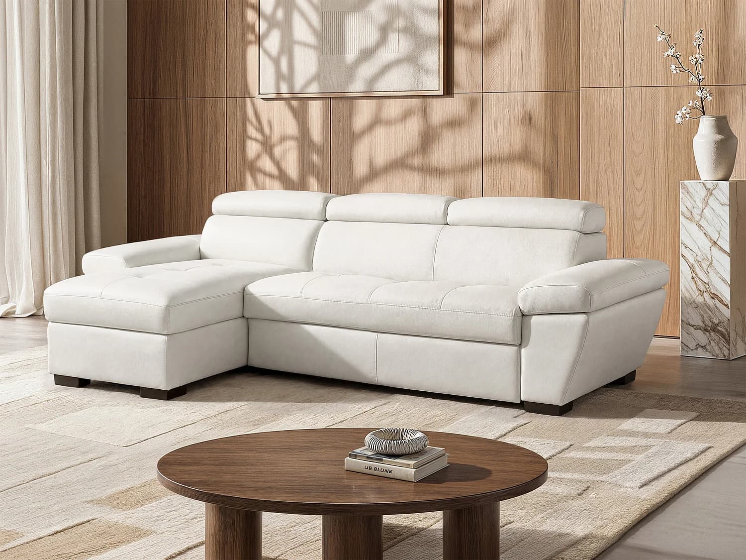 Canapé d'angle convertible en cuir JONOVA - Blanc - Angle gauche