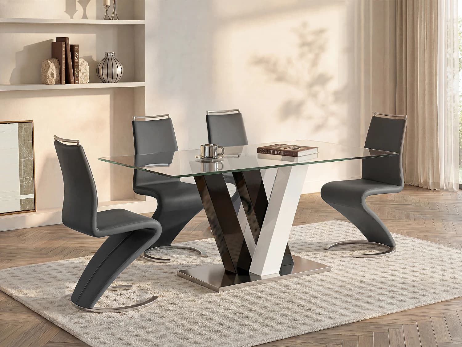 Table à manger WINCH - 6 personnes - MDF & Verre trempé - Noir & blanc
