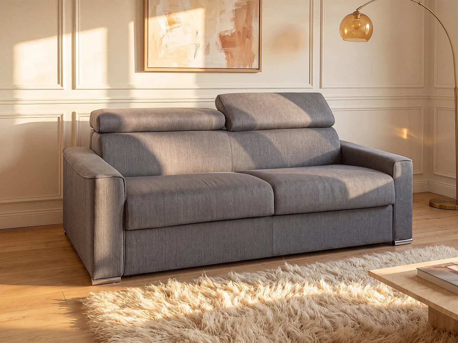 Canapé 4 places convertible express en tissu gris - Couchage 160 cm - Matelas 18 cm VIZIR