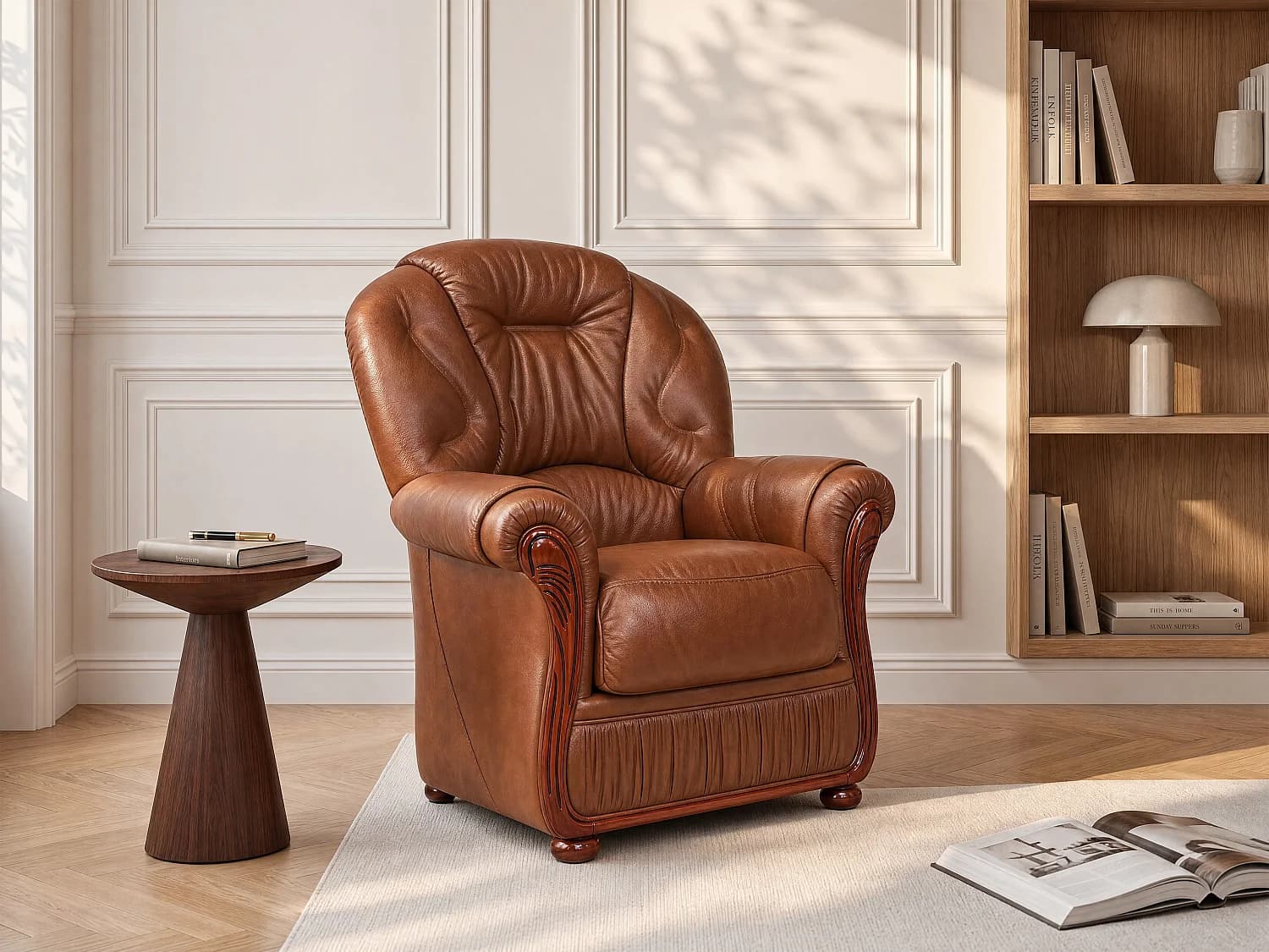 Fauteuil 100% cuir de buffle marron DAPHNE