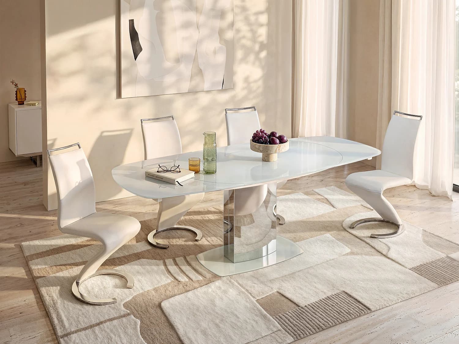 Table à manger extensible TALICIA - Verre trempé & métal - 6 à 8 personnes - Coloris Blanc