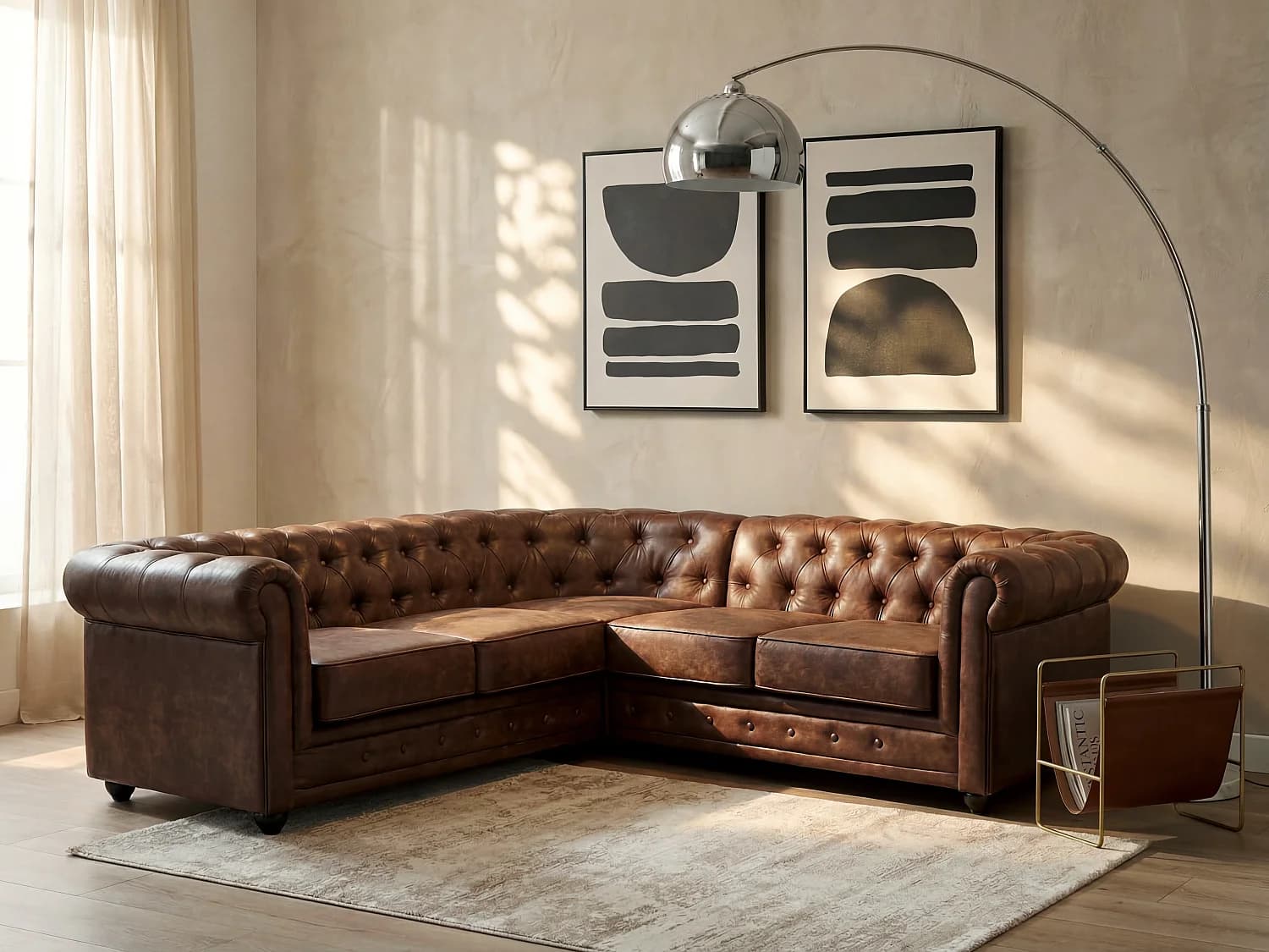 Canapé d'angle CHESTERFIELD en microfibre aspect cuir vieilli