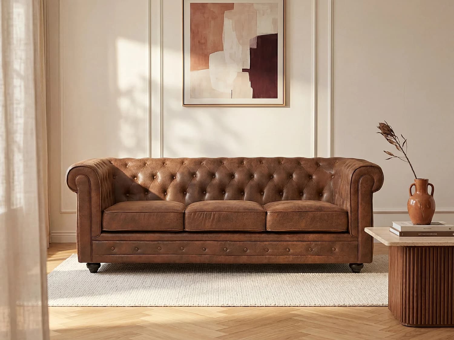 Canapé 3 places CHESTERFIELD en microfibre aspect cuir vieilli