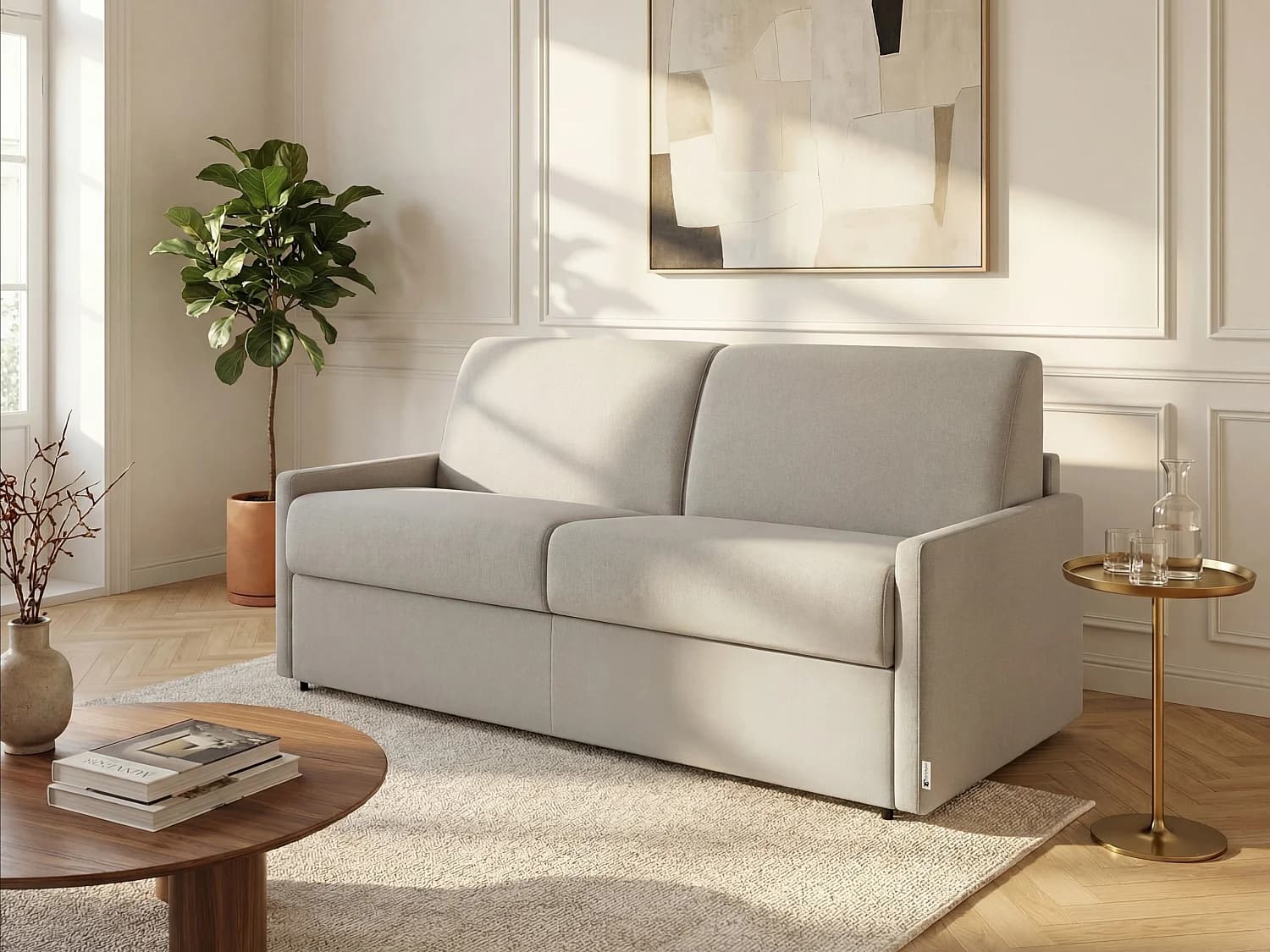 Canapé 4 places convertible express en tissu beige - Couchage 160 cm - Matelas 22 cm avec mémoire de forme CALIFE