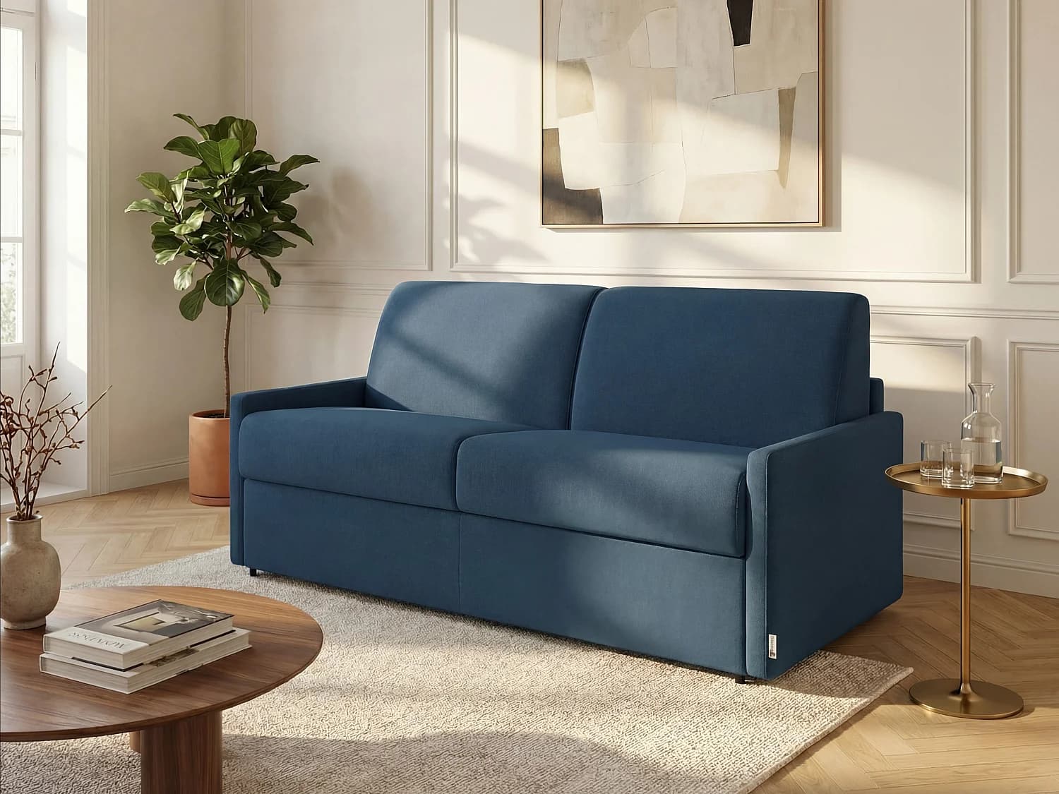 Canapé 4 places convertible express en tissu bleu foncé - Couchage 160 cm - Matelas 22 cm avec mémoire de forme CALIFE