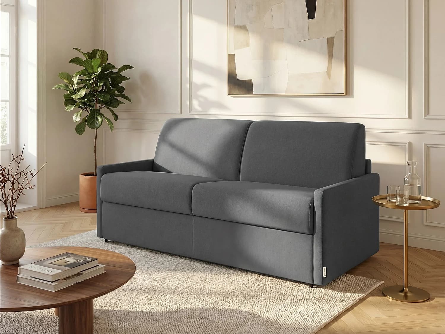 Canapé 4 places convertible express en tissu gris - Couchage 160 cm - Matelas 22 cm avec mémoire de forme CALIFE