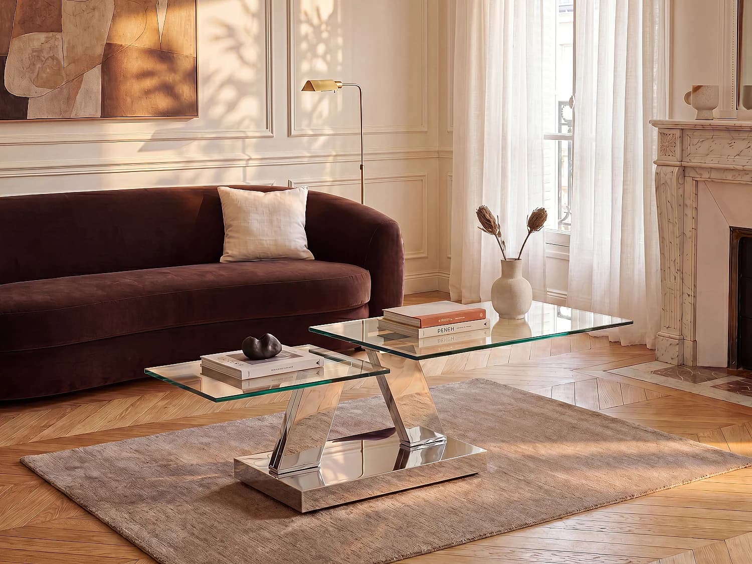 Table basse avec plateaux pivotants - Verre trempé et acier inoxydable - Transparent - OYRUS de Maison Céphy