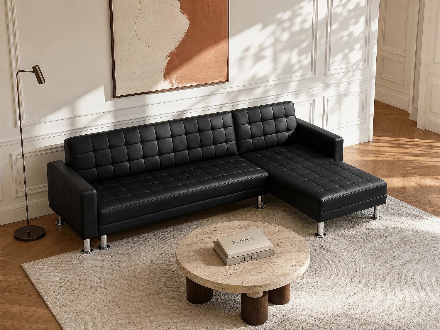 Canapé d'angle convertible et réversible en simili noir WILLIS II
