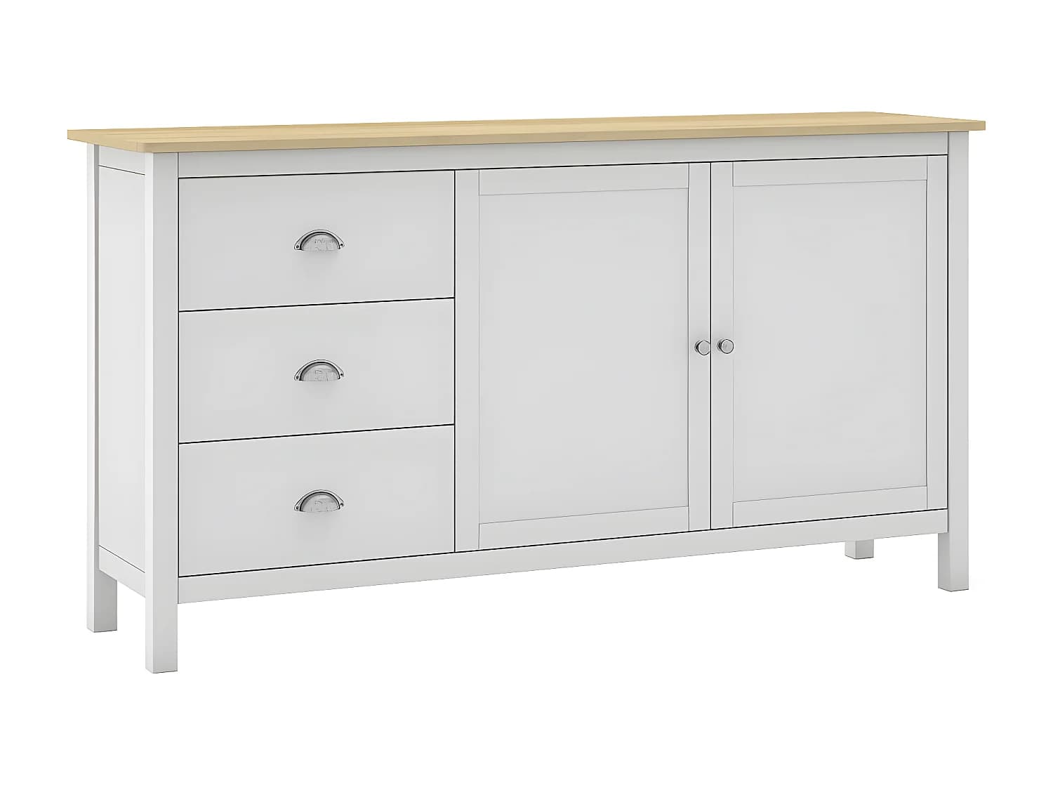 BASCO - Buffet 2 Portes 3 Tiroirs en Pin Massif Naturel et Blanc