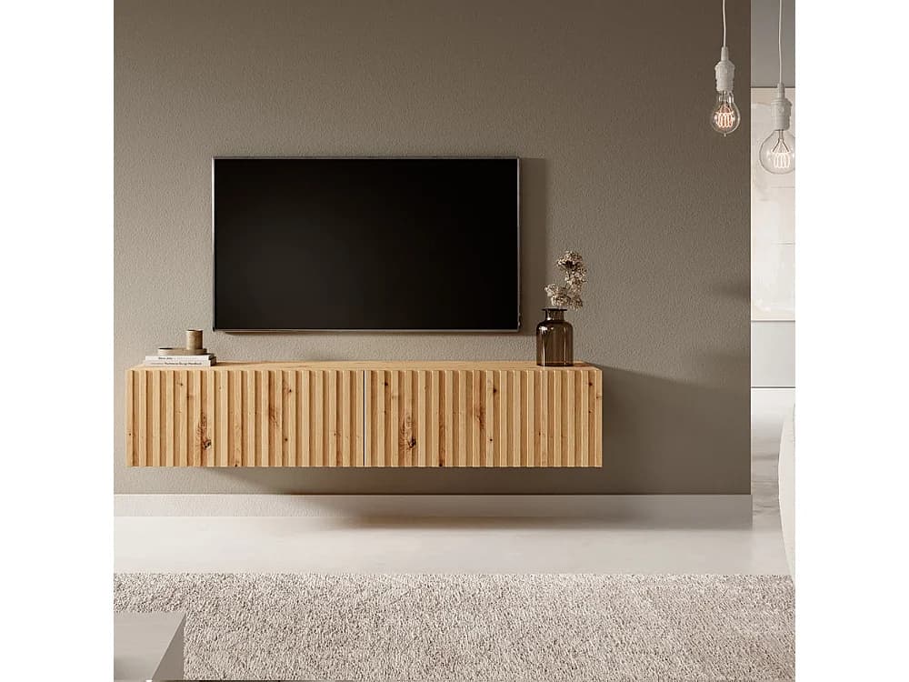 Meuble TV 140 cm - en chêne artisan avec façade fraisée - TELIRE
