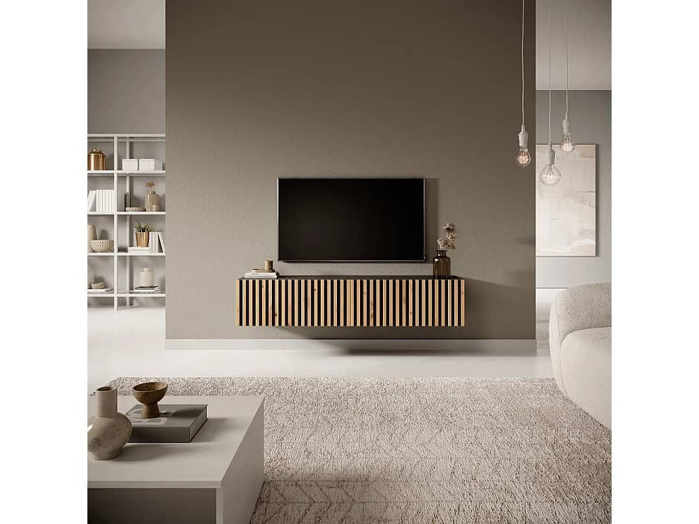 Meuble TV 140 cm - noir avec façade artisanale chêne fraisé - TELIRE
