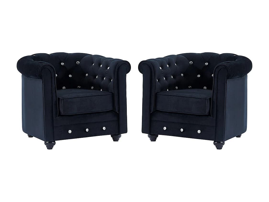 Lot de 2 Fauteuils CHESTERFIELD - Velours noir et boutons effet cristal
