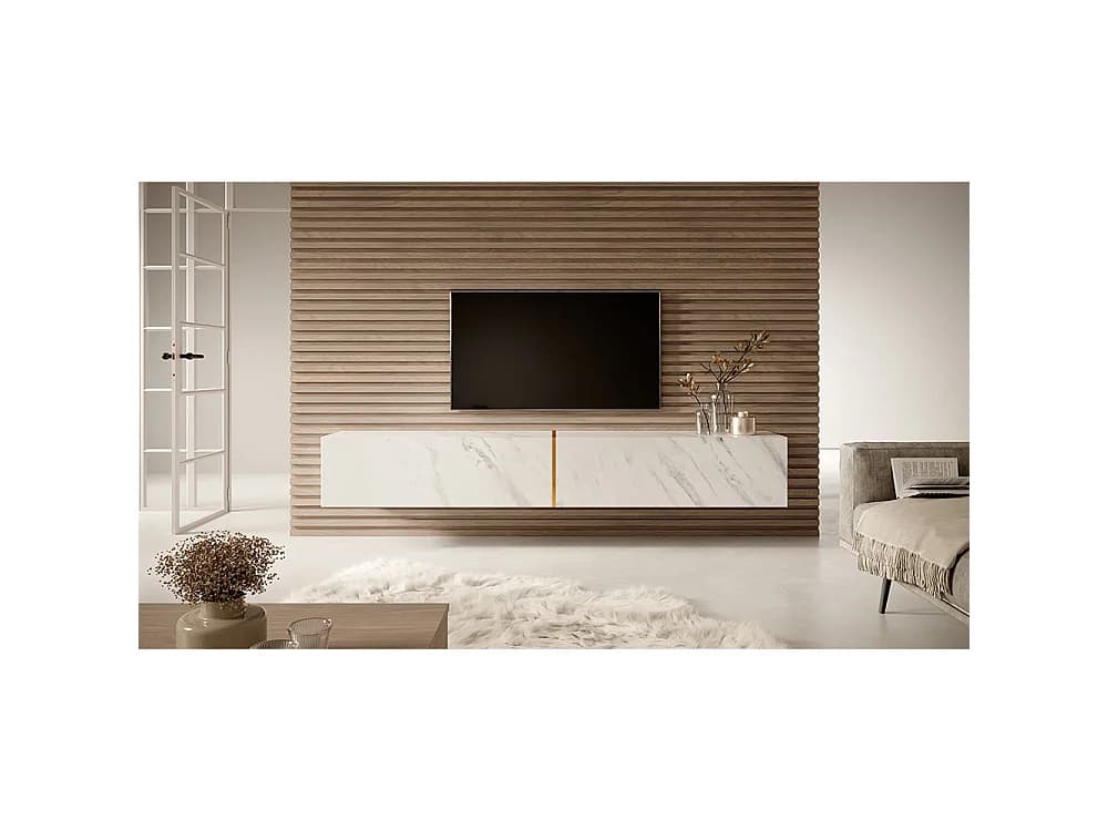 Meuble TV 200 cm - en marbre blanc avec insert doré - BISIRA