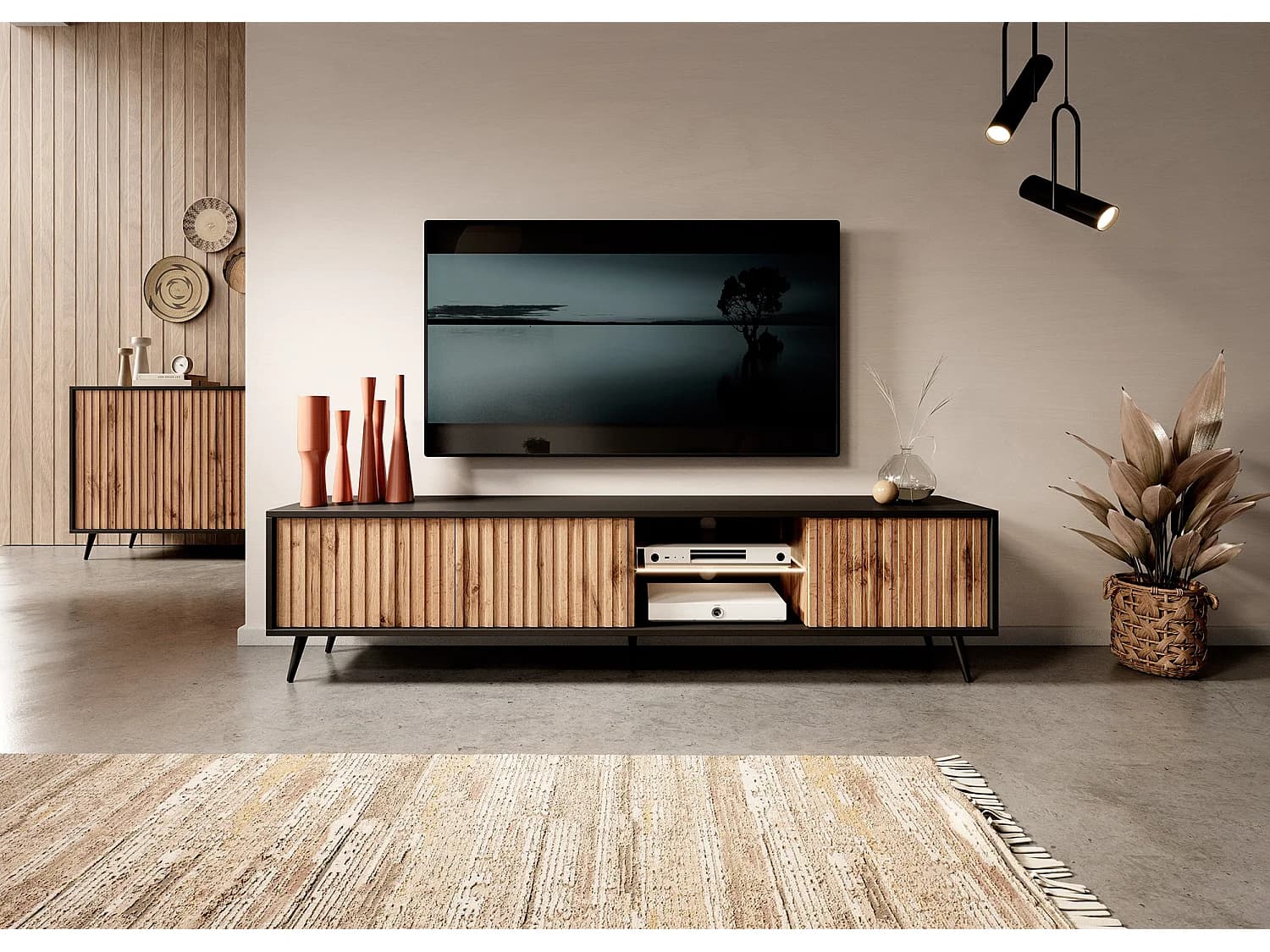 Meuble TV avec façades à lamelles - 175 cm - noir / chêne wotan avec led - Selsey Bello