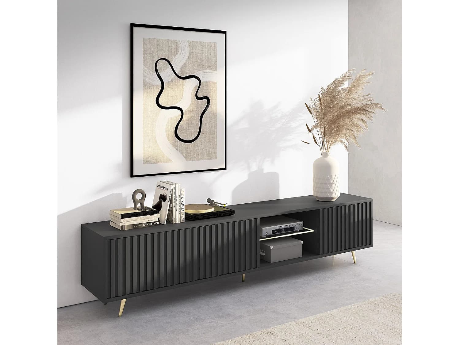 Meuble tv led 175 cm noir, façades à lamelles et pieds dorés - Selsey Bello