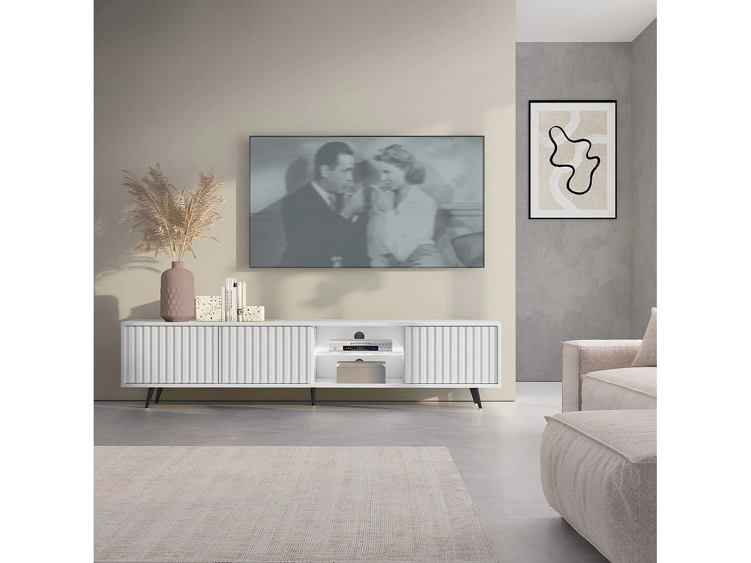 Meuble tv led 175 cm blanc, façades à lamelles et pieds noirs - Selsey Bello