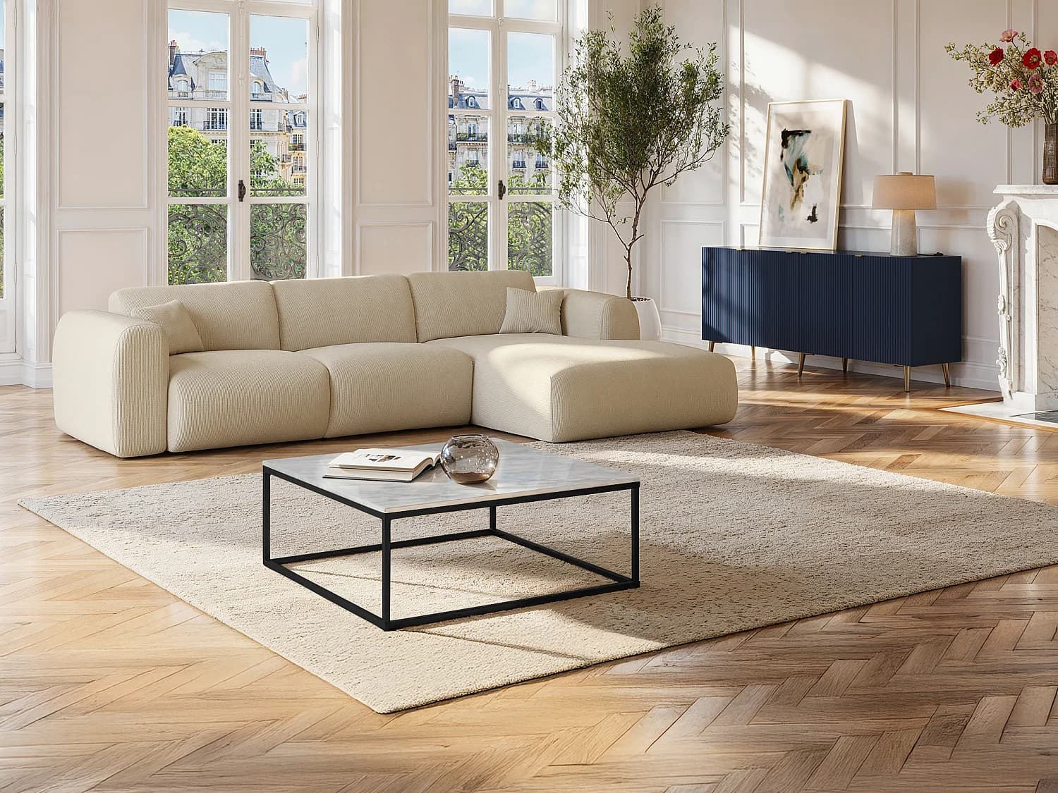 Table basse design ARETHA - Marbre et Métal - Blanc et Noir