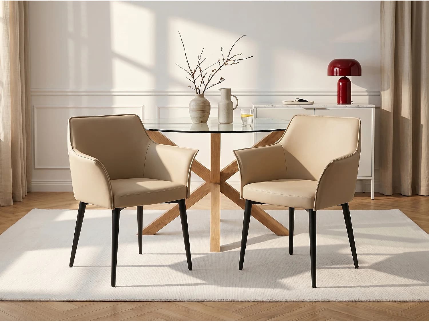 Lot de 2 chaises avec accoudoirs en simili et métal noir - Beige - MIALOV