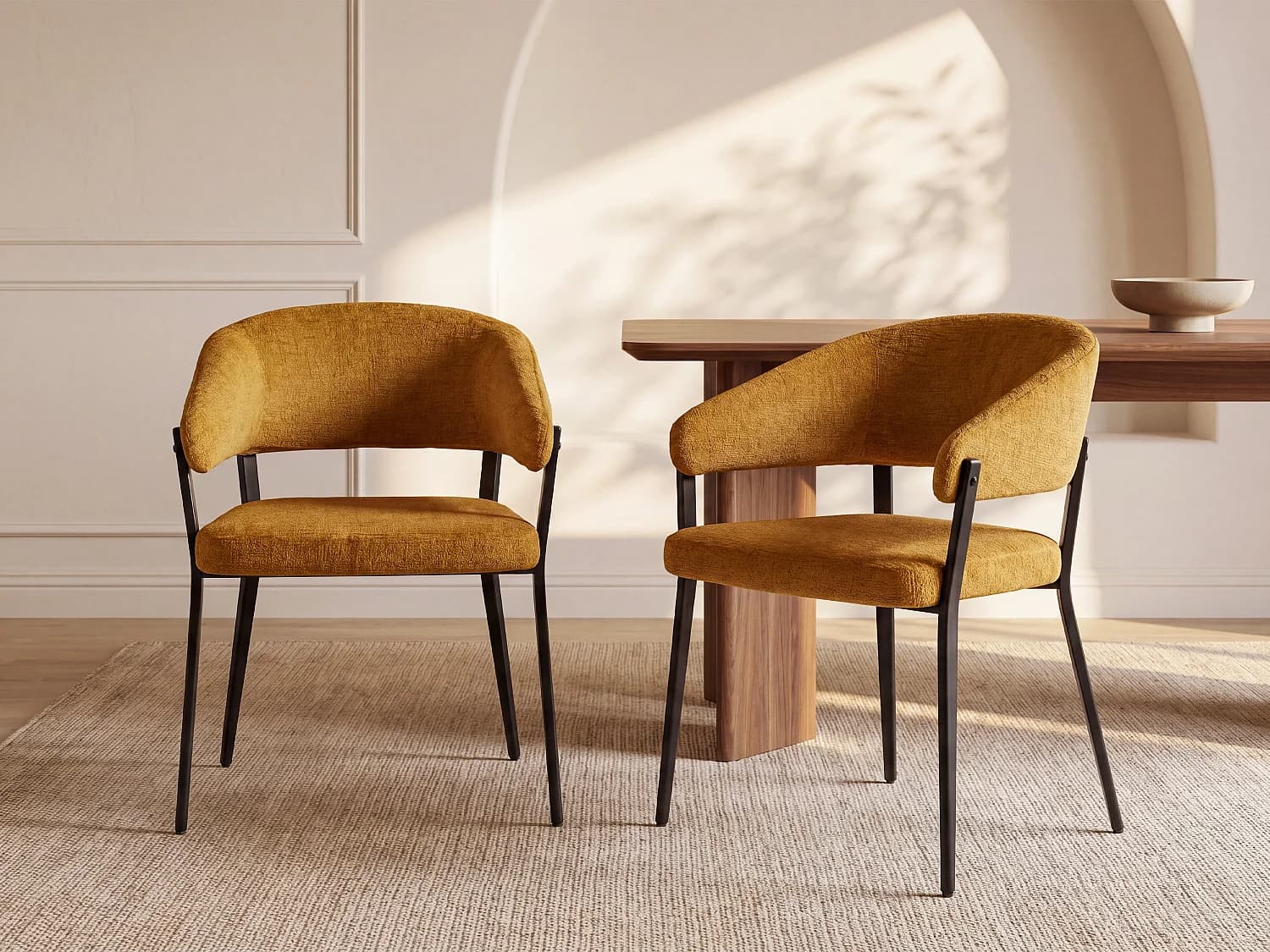 Lot de 2 chaises avec accoudoirs en tissu et métal noir - Jaune moutarde - AVRELA