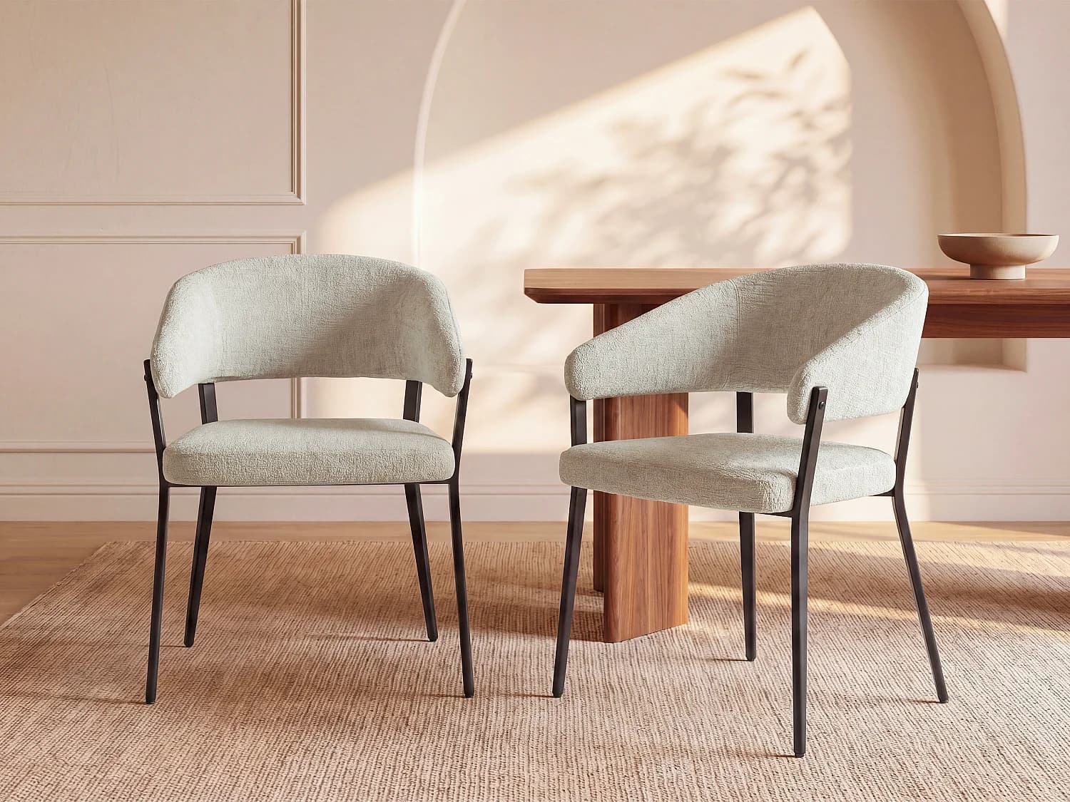Lot de 2 chaises avec accoudoirs en tissu et métal noir - Beige - AVRELA