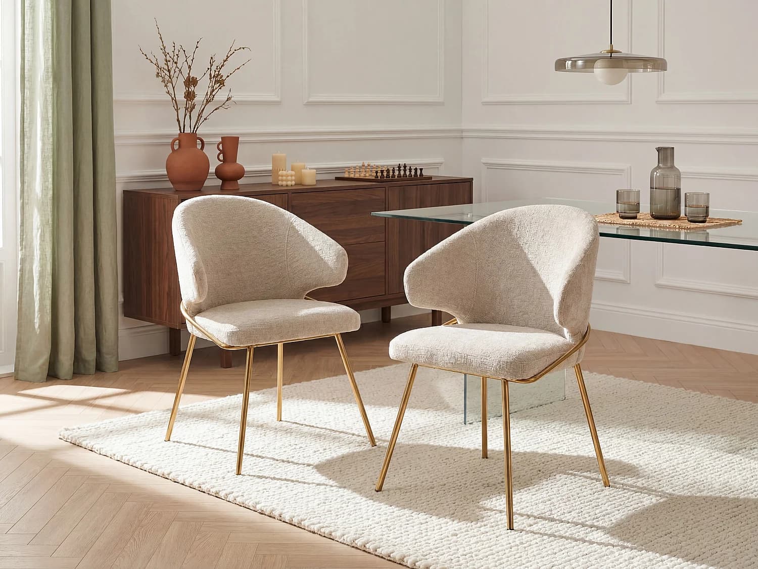 Lot de 2 chaises en tissu et métal doré - Beige - LUXIVA