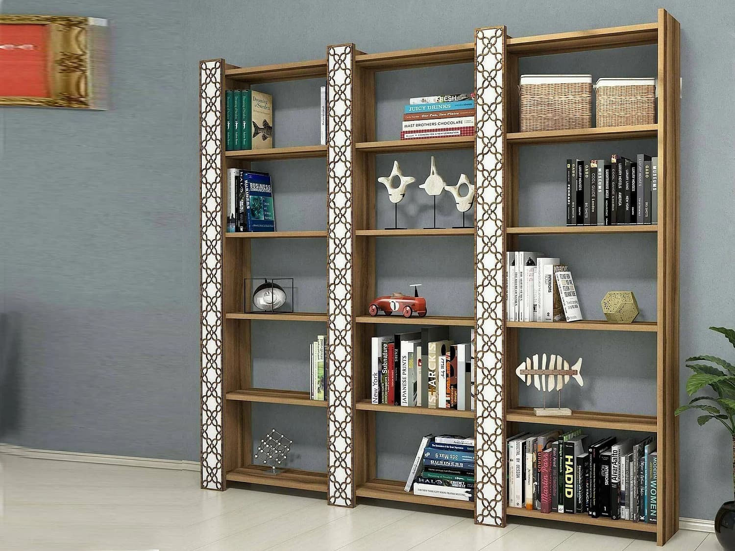 Bibliothèque Alula, Etagère de bureau, Porte-livre mobile, Librairie, 185x24h170 cm, Noyer et Blanc