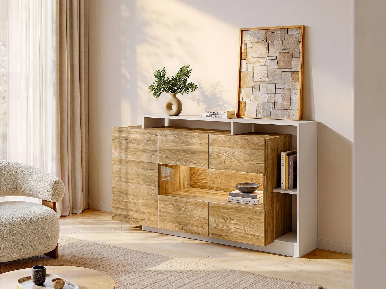 Buffet 3 portes et 3 niches avec LEDs - Coloris : Naturel et blanc - IDESIA