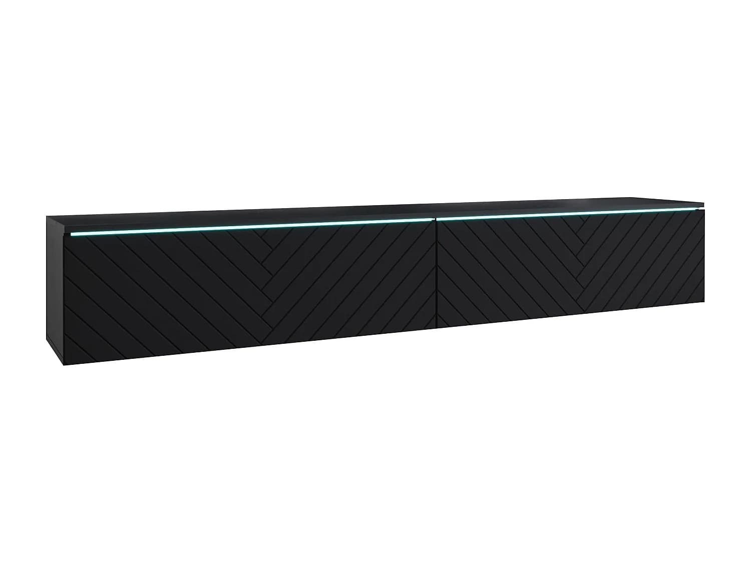 Meuble TV moderne 180 cm pour salon – 2 portes sans poignées, finition mate, posé ou suspendu, façades MDF motif chevron noir mat