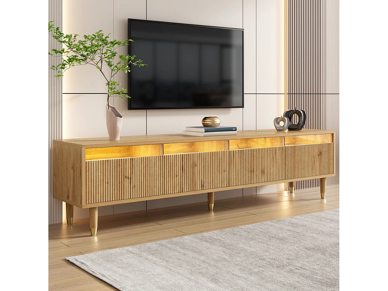 Meuble TV aspect bois - 178 cm x 35 x 45 cm - avec 4 tiroirs - pour le salon - MDF - naturel