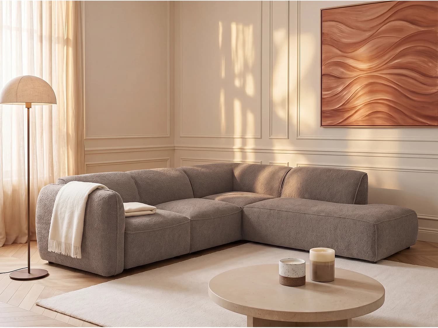 Canapé d'angle droit avec dossier modulable en tissu chenille taupe CAMILIO de Maison Céphy