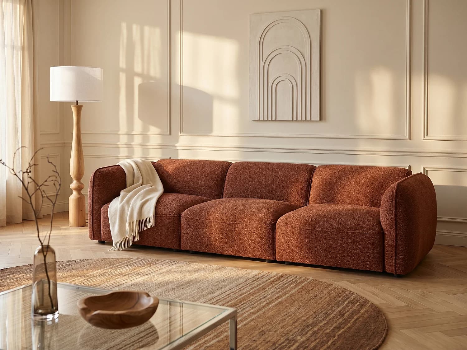 Canapé modulable 3 places en tissu chenille terracotta CAMILIO de Maison Céphy